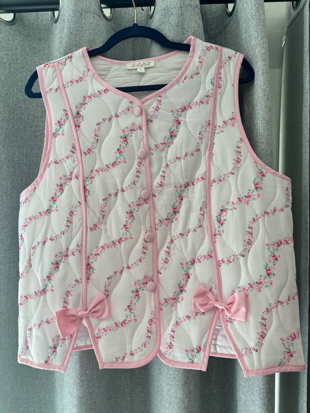 Cottagecore 🌸Floral Quilted Vest Pink Bows🎀Coquette Vintage Style~sz L